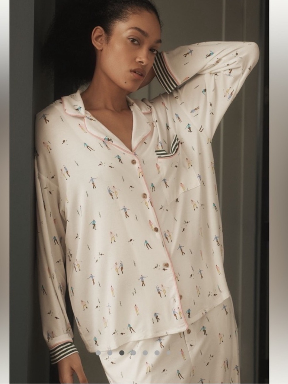 Anthropologie Ice Skater Print Briar Piped Pajama Set Pants + Top Size Medium